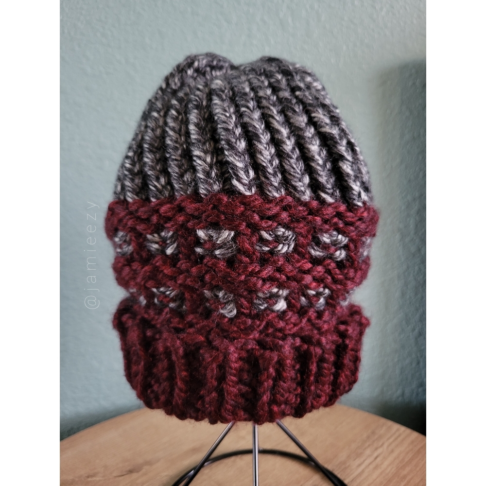 Two-Tone Waffle-Base Knit Beanie - Charcoal/Burgundy (Handmade) - Picture 2 of 12